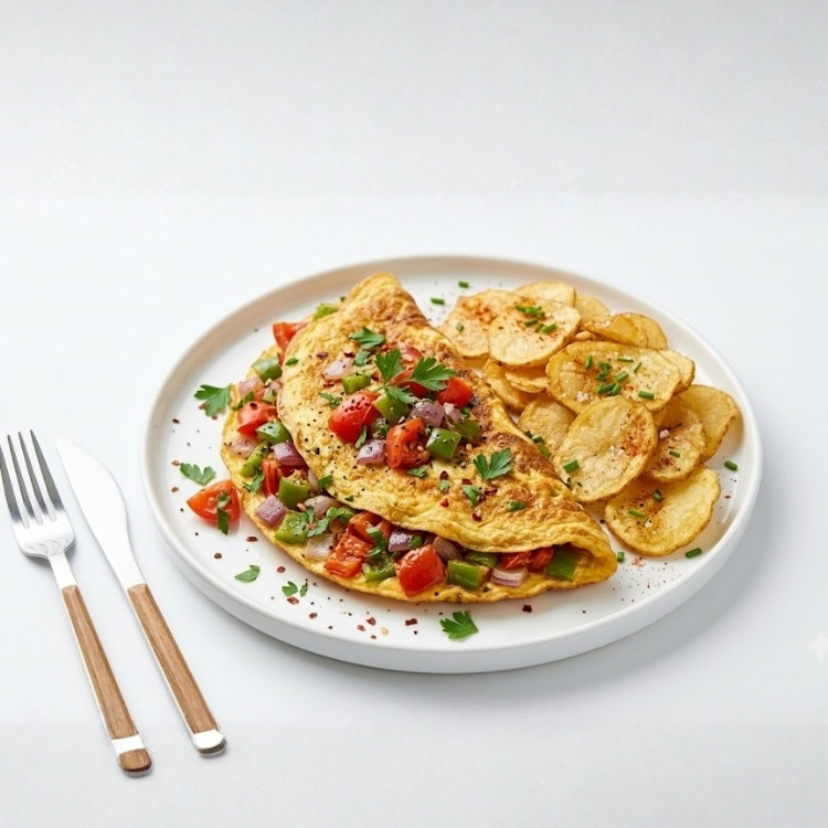 Domates, Biber ve Soğanlı Omlet ile Cips